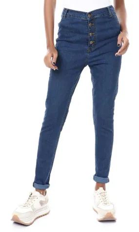 57300 Front Buttons Solid Skinny Fit Jeans - Dark Blue