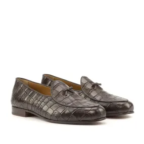 Ambrogio Bespoke Custom Men's Shoes Dark Brown Crocodile Print Leather Belgian Loafers (AMB2221)