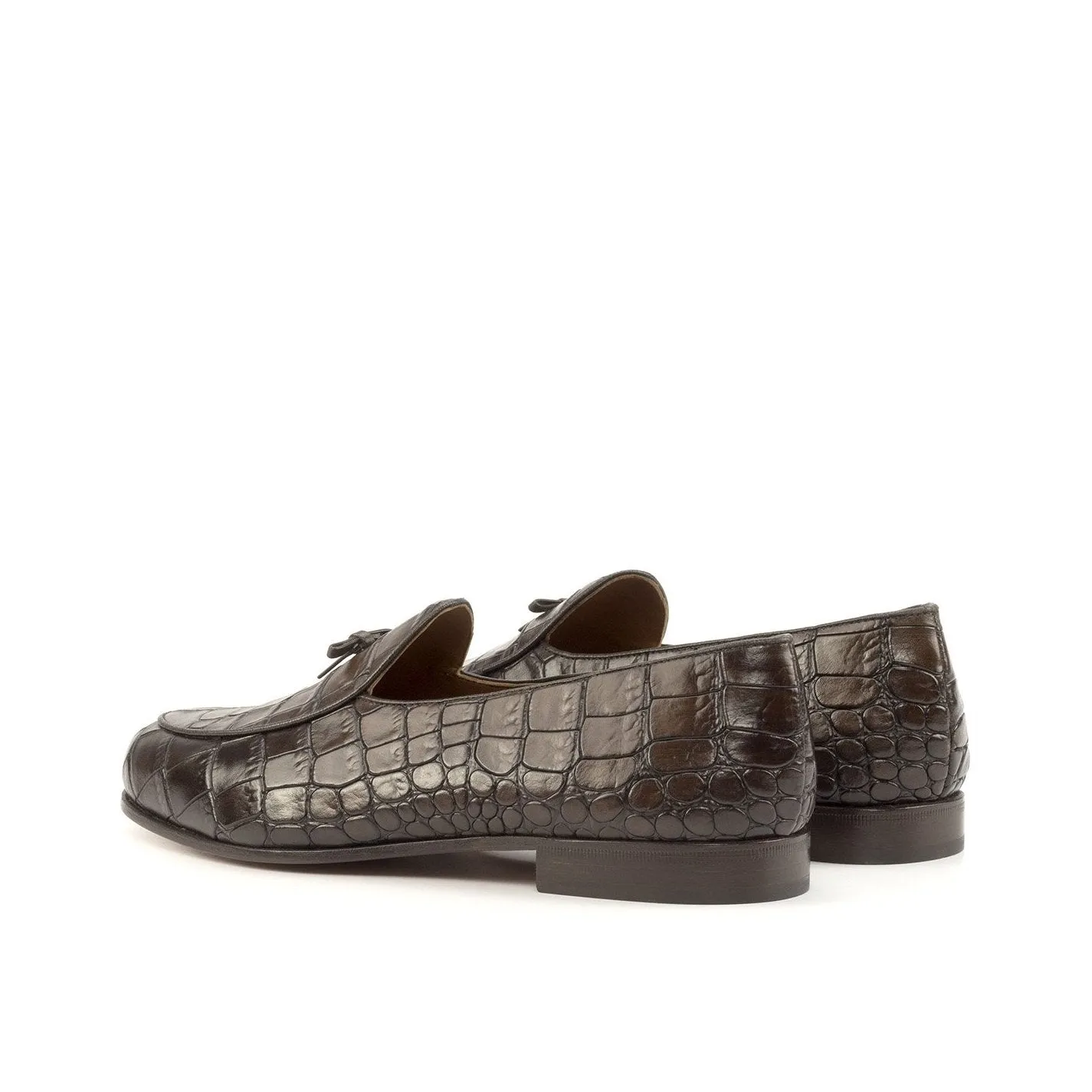 Ambrogio Bespoke Custom Men's Shoes Dark Brown Crocodile Print Leather Belgian Loafers (AMB2221)