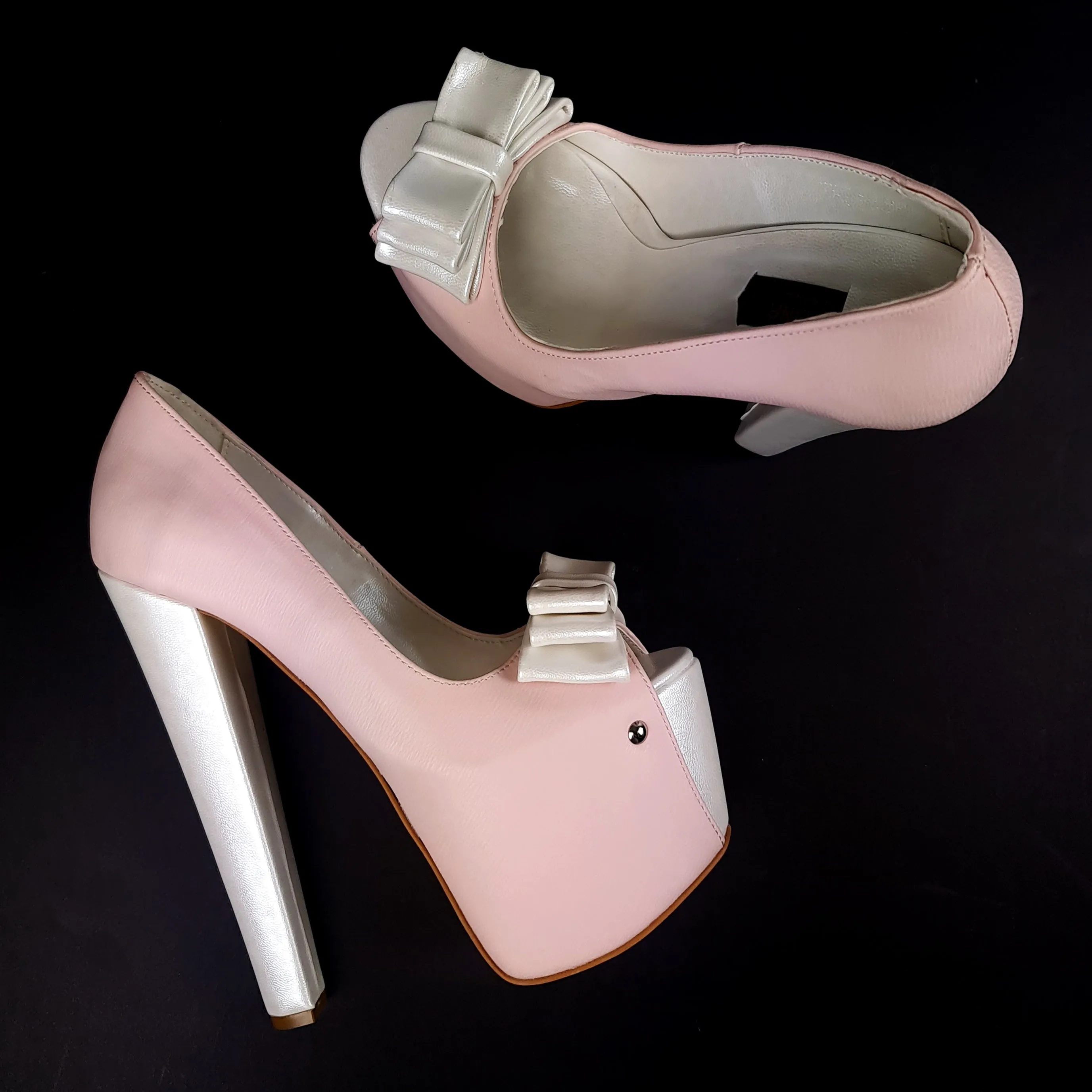 Baby Pink Ivory Detailed Ribbon Platform Heels