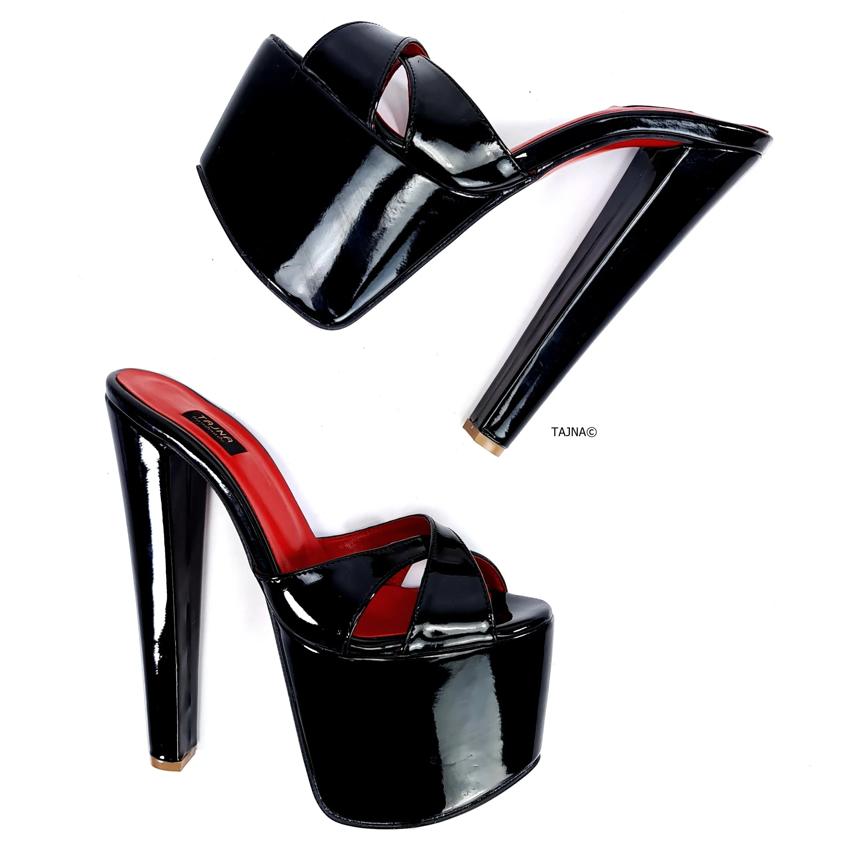 Black Gloss Red Detail Chunky Heel Mules