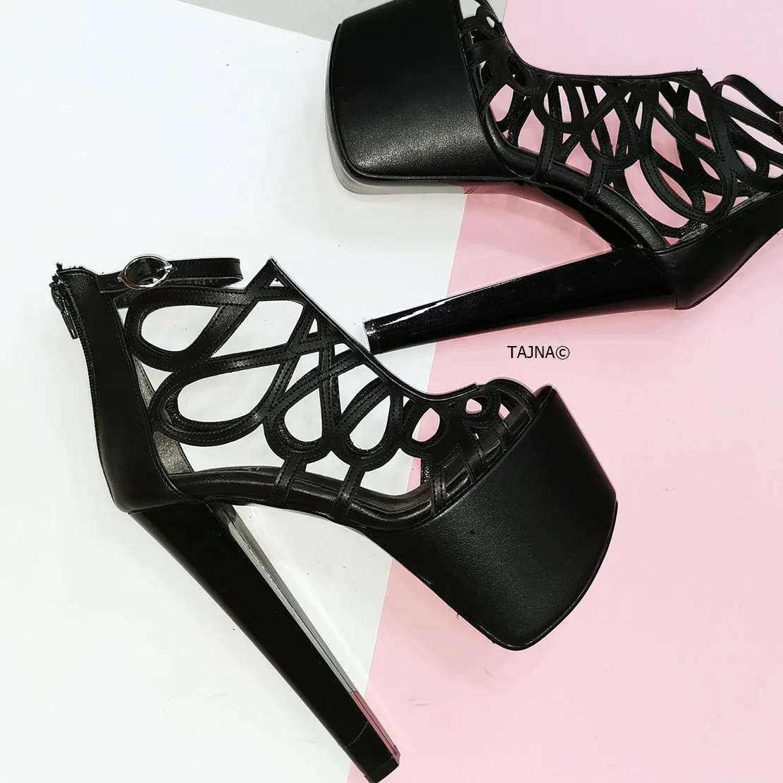 Black Laser Cage Platform Heels