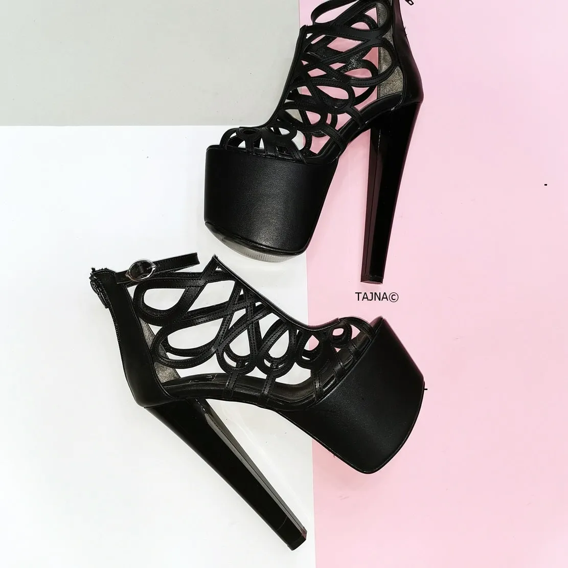 Black Laser Cage Platform Heels