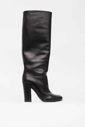 Black Leather Knee High Heeled Boot