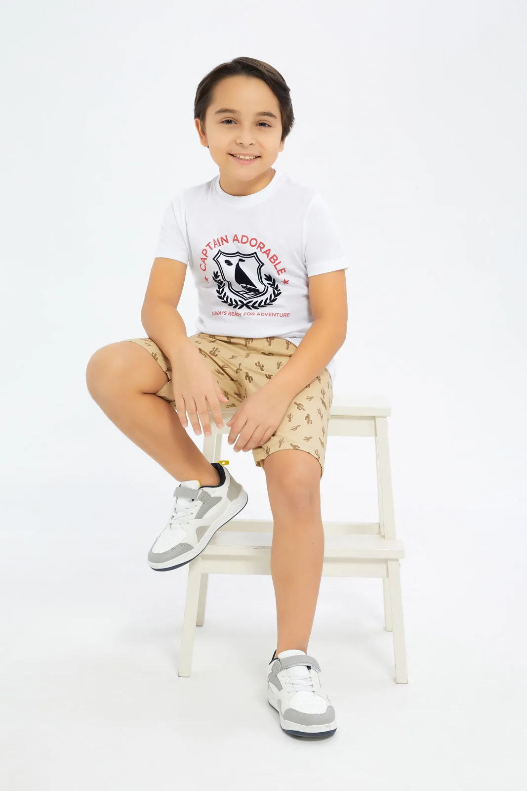 Boys Beige Printed Pull-on Shorts