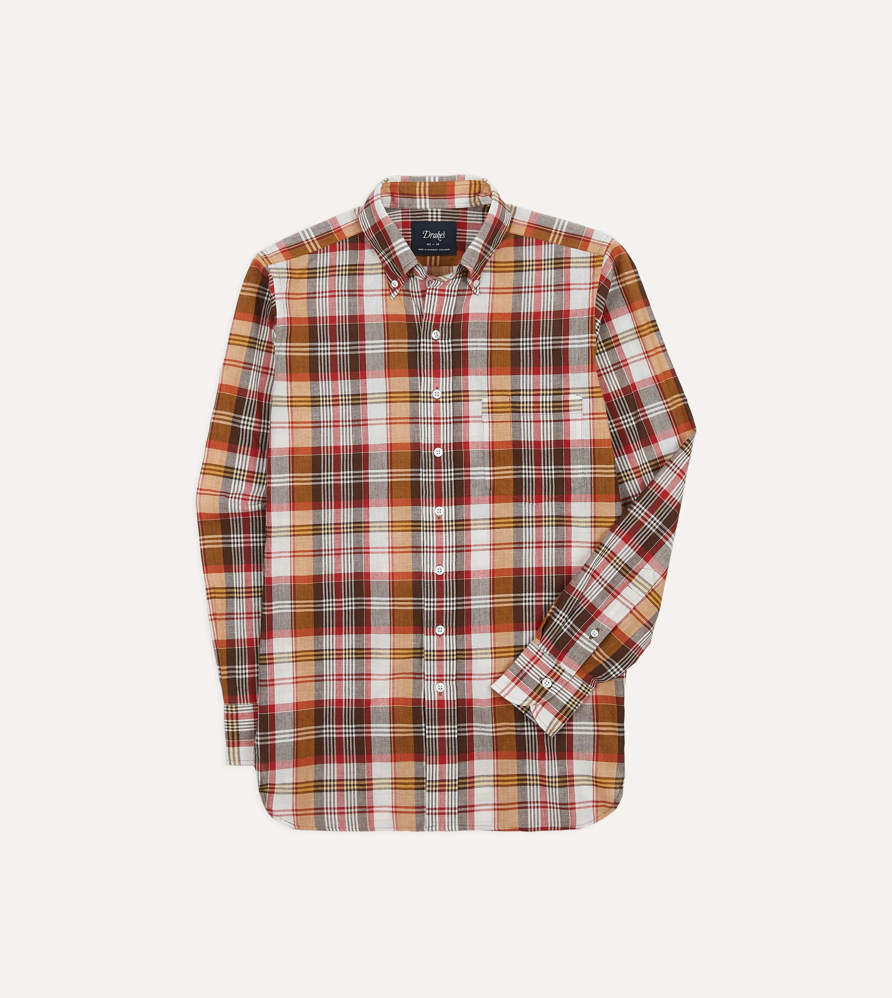 Brown and Red Madras Check Cotton Button-Down Shirt