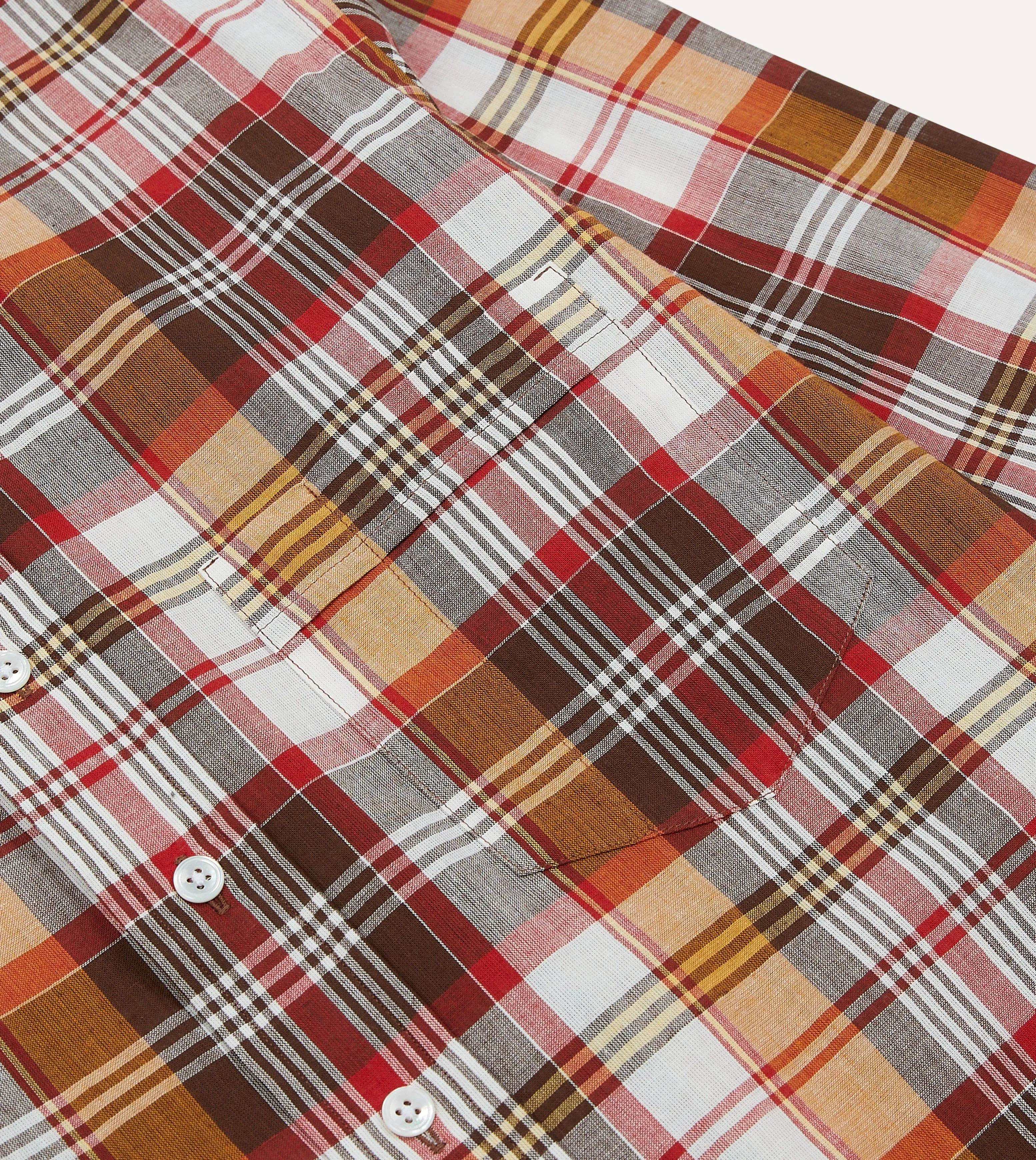 Brown and Red Madras Check Cotton Button-Down Shirt