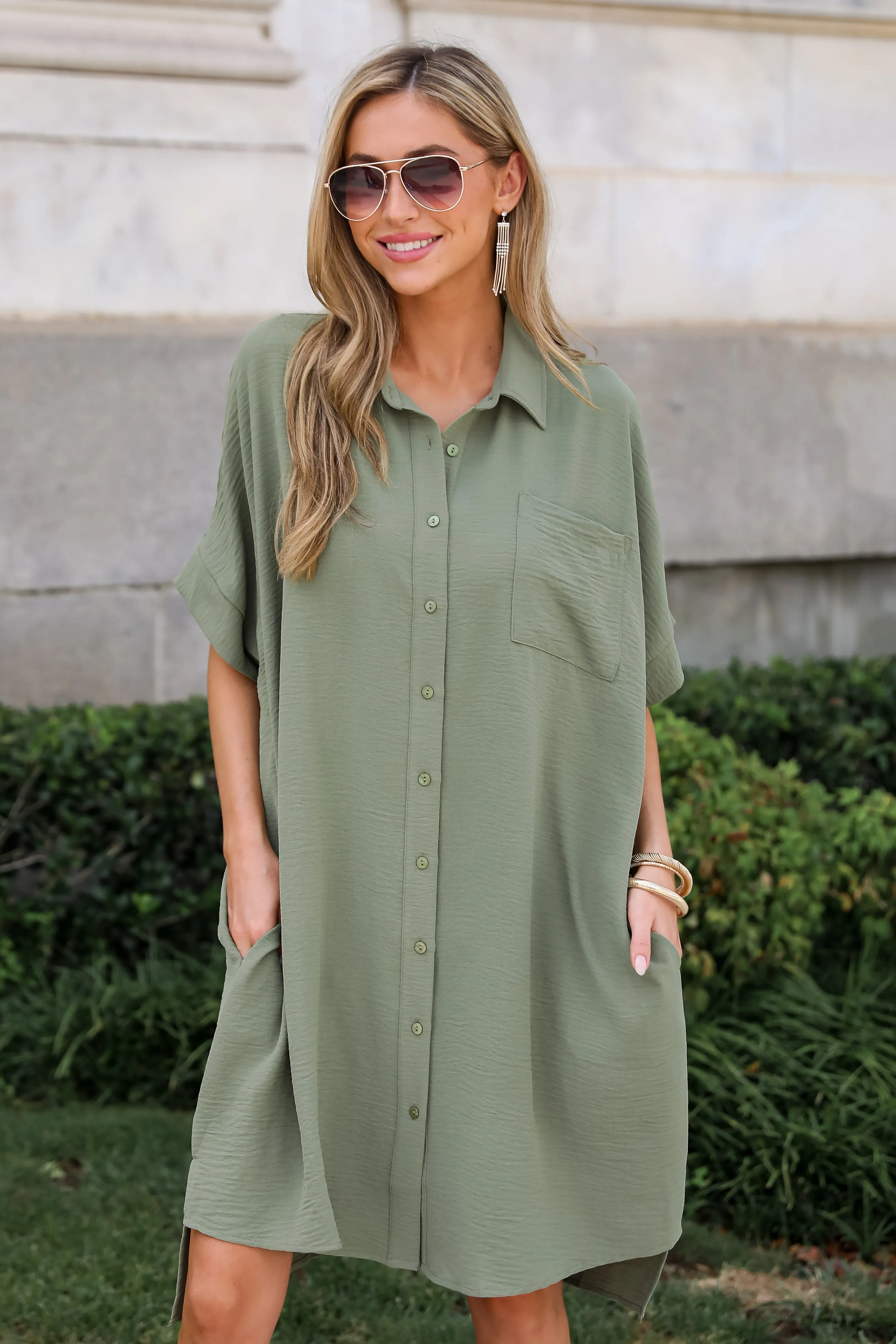 Composed Persona Green Button Front Midi Dress